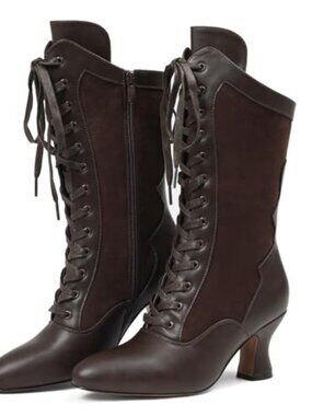 Witch Boots for Women Victorian Lace Up Pirate Mid Calf Boot